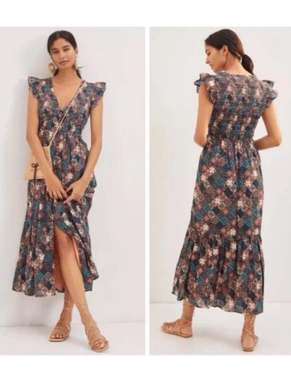 Anthropologie Peregrine Smocked Flutter Sleeve Patchwork Midi Dress Size XS NWOT